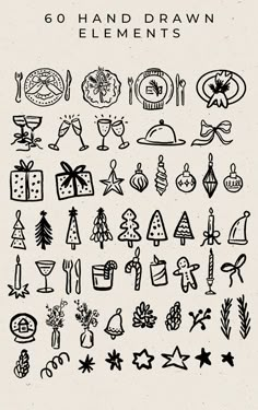 an image of hand drawn elements for christmas decorations and other holiday decorating items on white paper