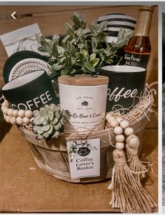 a basket filled with coffee and other items