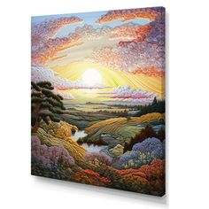 a painting of the sun setting over a field with trees and flowers on it's sides