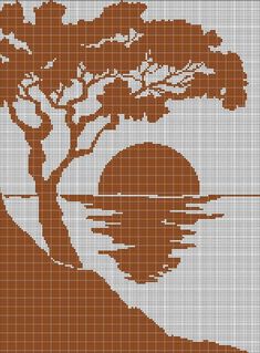 a cross stitch pattern with a tree and water