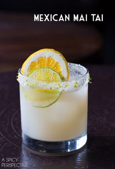 the mexican mai mai cocktail is garnished with lime