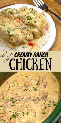 creamy ranch chicken is served over rice in a green crock pot