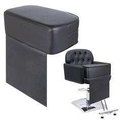 a black chair and foot stool are shown in front of a white background with the seat up