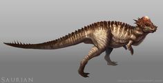 an artist's rendering of a dinosaur with spikes on its head and tail, walking