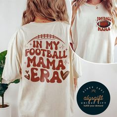 "In My Football Mama Era Shirt, Football Mom Shirt, Football Mom Tee, In My Footballer Era Gift For Mom, Custom Sport Mom Tee, Game day  PRODUCT DETAILS UNISEX TEE - 5.3 oz./yd² - Solids: 100% Cotton; Sport Grey & Antique Heathers: 90% Cotton | 10% Polyester; Safety Colors & Heathers: 50% Cotton | 50% Polyester - Proudly using 100% US Cotton that is sustainably grown and ethically harvested. - Classic fit allows for breathable move-around comfort - Featuring taped neck and shoulders, and double- Football Mom Era Shirt, Custom Football Mom Shirts, Football Shirt Ideas For Moms, In My Football Mom Era, Football Mama Shirts, In My Era Shirt, Game Day Shirts Football, Football Mom Outfits, School Spirit Shirts Designs