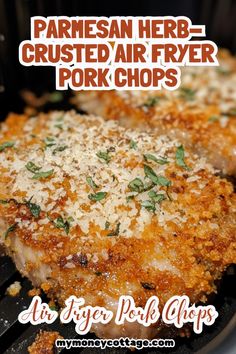 parmesan herb crusted air fryer pork chops in a skillet