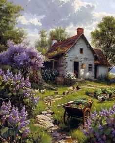 a painting of a house in the middle of a field with purple flowers around it