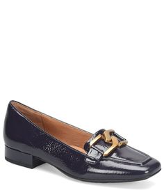 From Sofft&#x2C; the Erica Patent Leather Bit Buckle Loafers feature:Patent leatherslip-on constructionLeather liningSoft microfiber-lined footbed cushioned at ball heel and arch for extra supportLightweight TPU outsoleLeather stacked heelApprox. 1" heelImported. Buckle Loafers, Sofft Shoes, Loafer Shoes Women, Shoes And Boots, American Brand, Signature Look, Dillard's, Leather Slip Ons, Stacked Heel