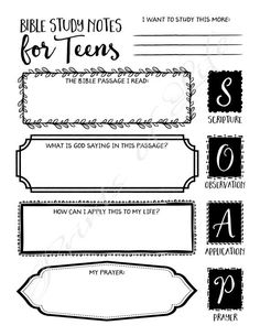 the bible study notes for teens printable worksheet is shown in black and white