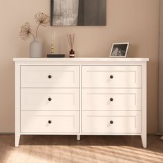 The 6 Drawer Dresser offers a simple, spacious organizing and storage solution for your bedroom. The modern white finish with wood tops fits any decorating scheme. Lark Manor™ Color: Natural Wood | Lark Manor™ Portneuf 6 Drawer Double Dresser For Bedroom brownWood in Natural Wood | 31.5" H X 47.2" W X 15.7" D | Wayfair Simple Dresser Decor, White 6 Drawer Dresser, Simple Dresser, Bedroom Brown, Beige Bedroom, Dresser For Bedroom, Brown Bedroom, Bedroom Furniture Dresser, Simple Aesthetic