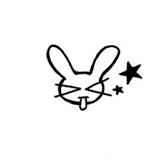 a black and white drawing of a rabbit with stars on it's nose, drawn by hand