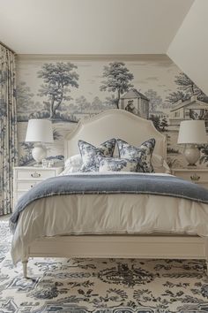 a bedroom with blue and white wallpaper on the walls next to a large bed