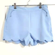 Light/Sky/Hydrangea Blue Two Side Pockets Side Zipper Waist 15 1/2" When Laid Flat Length: 13 1/2" Spring High-waisted Blue Shorts, Light Blue Fitted Shorts For Spring, Fitted Light Blue Shorts For Spring, Light Blue Shorts With Pockets For Spring, Trendy Blue Shorts For Day Out, Blue Spring Shorts, High Waist Blue Shorts For Spring, Chic Light Blue Short Bottoms, Chic High Waist Light Blue Shorts