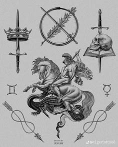 an image of some tattoos on the back of a horse and two men riding horses