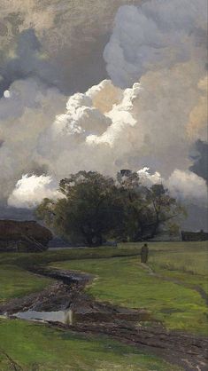 a painting of clouds over a field with a man standing on the grass near a stream