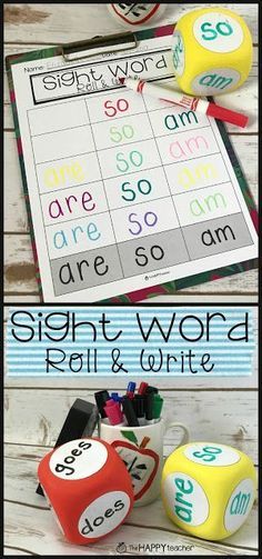 sight word roll and write game with dices on the side, next to it