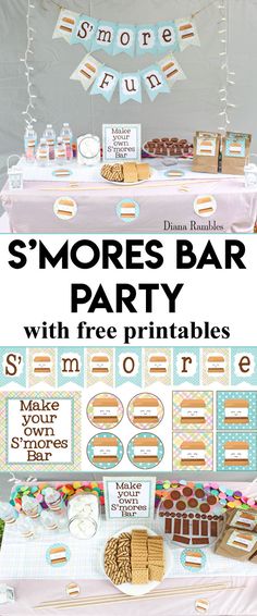 a dessert bar with free printables for smores and other treats on the table