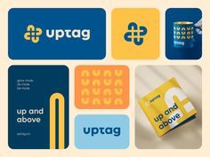 several different logos and business cards for uptag, one with the letter q on it