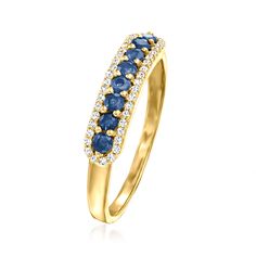 Ross-Simons - .30ct t. w. Sapphire Ring, .12ct t. w. Diamonds in 14kt Yellow Gold. Size 9. Sumptuous and stackable, this luxurious gemstone ring glimmers with .30 ct. t. w. round sapphires and .12 ct. t. w. round diamond borders. Finely crafted in polished 14kt yellow gold. 1/8" wide. Diamond and sapphire ring. Sapphire birthstones are the perfect gift for September birthdays. Diamond And Sapphire Ring, Sapphire Birthstone, September Birthday, Ring Sapphire, Round Sapphire, Gemstone Ring, Round Diamond, Sapphire Ring, Round Diamonds