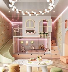 the interior of a child's room with pink walls and furniture, including stairs