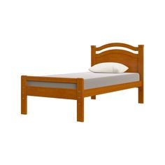 a wooden bed frame with white pillows on it and no sheets in front of the headboard