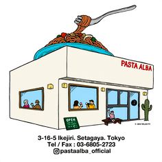 a cartoon drawing of a restaurant with spaghetti on top and people sitting in the window