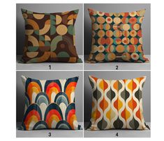 four pillows with different patterns on them and numbers in the bottom right corner, below