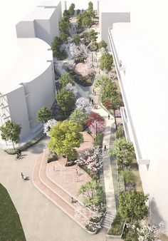 an artist's rendering of the exterior of a building with trees and shrubs surrounding it