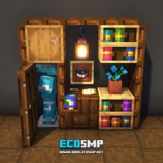 an image of a room in the minecraft style with shelves, cabinets and drawers