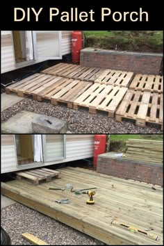 two pictures showing how to build a pallet porch