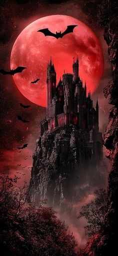 a castle with bats flying over it in front of a full moon and red sky