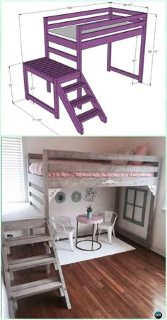 bunk beds with stairs and desks are shown in two different views, one is purple