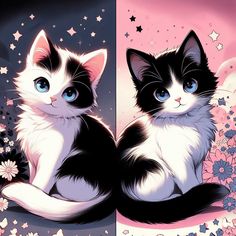 two cats sitting next to each other on top of a pink and blue background with stars