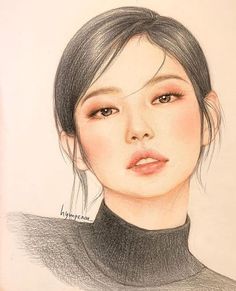 a pencil drawing of a woman's face with bangs and eyeshade, wearing a turtle neck sweater