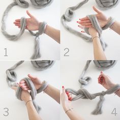 four pictures showing how to do an easy twist with yarn and thread for the headbands