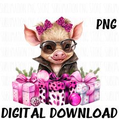 a pig wearing glasses with presents on it's head and the words png digital download