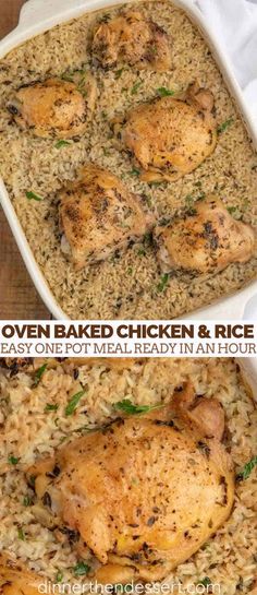 chicken and rice casserole is shown in two different photos, one with the words oven