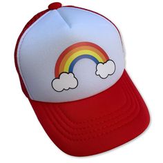 Sol Baby Retro Rainbow Cloud Red Trucker Hat Adjustable Rainbow Hats For Summer, Adjustable Rainbow Summer Hats, Playful Red Hat For Spring, Playful Red Spring Hat, Multicolor Summer Hats For Playtime, Fun Red Trucker Hat, Summer Playtime Baseball Cap, Playful Red Summer Hat, Novelty Red Trucker Hat