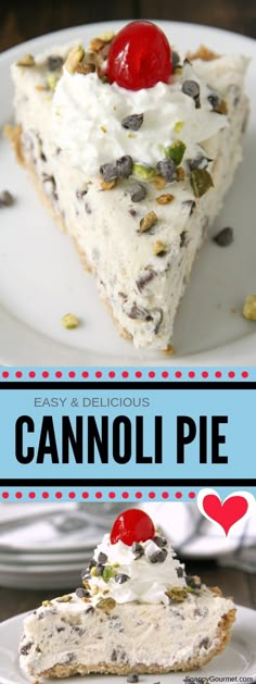 a slice of cannoli pie on a white plate with a blue border around it