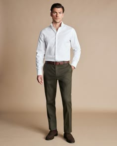 Smart Stretch Texture Trousers - Olive Green | Men's Charles Tyrwhitt Smart Stretch Texture Trousers - Olive Green Size W30 L30 Cotton Relaxed Mens Wedding Attire, Men’s Outfit For Wedding Guest, Green Formal Pants Outfit Men, Olive Dress Pants Outfit Men, Mens Wedding Rehearsal Outfit, Mens Welcome Party Outfit, Men’s Work Attire, Mens Outfits Wedding Guest