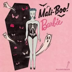 a woman in a skeleton swimsuit standing next to a black and pink background with the words'mail - boo barbie'written on it