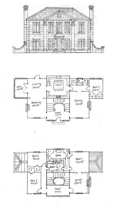 two plans for a large house with three floors