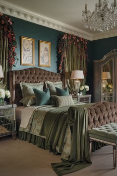 Reimagine your bedroom with Ralph Lauren interior design inspiration. This luxurious setup highlights green velvet curtains, tufted headboards, and sparkling crystal chandeliers, offering a harmonious blend of opulence and sophistication. Perfect for those seeking timeless elegance. #RalphLaurenInteriorDesign #ElegantBedroomDecor #ClassicLuxuryInteriors #VelvetBedroomInspiration