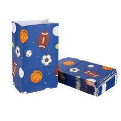 a blue paper bag with sports themed designs on it