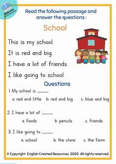 an english worksheet with the words school and two children in front of it