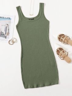 SHEIN EZwear Rib-knit Solid Bodycon Dress | SHEIN USA Shoulder Pad Dress, Knit Bodycon Dress, Belted Wrap Dress, Green Dress Casual, Pink Dress Casual, Color Block Tee, Casual White Dress, Lace Dress With Sleeves