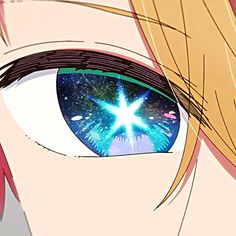 an anime character's eye with blue and green stars in the iris, as well as pink hair