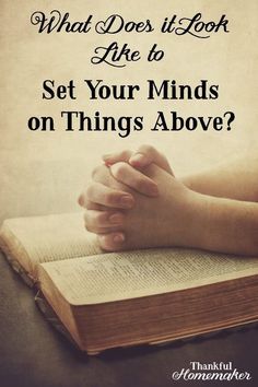 hands folded over an open book with the words what does it look like to set your minds on things above?