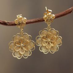 Bañado de filigrana hechos a mano cuelgan los pendientes de la flor de oro - Yellow Rose | NOVICA Flower Earrings Dangle, Gold Flower Earrings, Gold Jhumka Earrings, Gold Chains For Men, Gold Jewelry Earrings, Bridal Gold Jewellery Designs, Gold Earrings Designs, Gold Necklace Designs