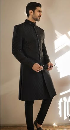 Modern Kurta For Men, Wedding Sangeet Outfits, Black Sherwani Men, Traditional Dress Poses, Black Gharara, Nikkah Aesthetic, Mallu Wedding, Achkan For Men